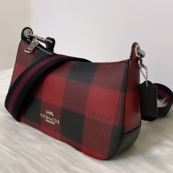 New Coach Jes Baguette With Buffalo Plaid Purse/Coated Canvas/Red-Black - Picture 7 of 12